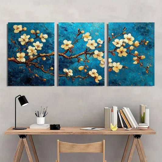 3pcs Blossom Tree Vibrant Blue Yellow Floral Metal Print Ready to Hang Art