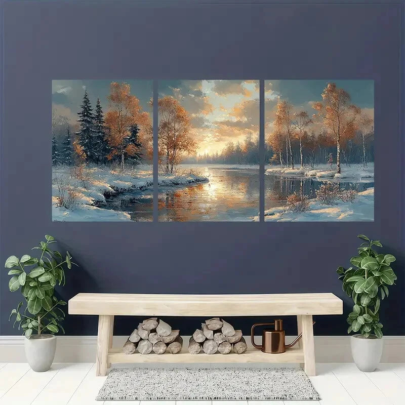 3pcs Snowy River Scene with Golden Sunset Metal Print Ready to Hang Art
