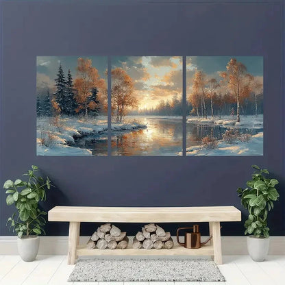 3pcs Snowy River Scene with Golden Sunset Metal Print Ready to Hang Art