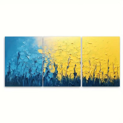 3pcs Abstract Painting On Blue Yellow Textured Metal Print Ready to Hang Art