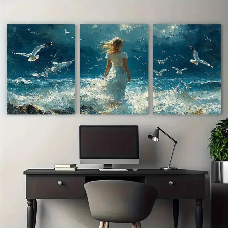 3pcs Abstract Seascape Young Woman Amidst Seagulls Metal Print Ready to Hang Art