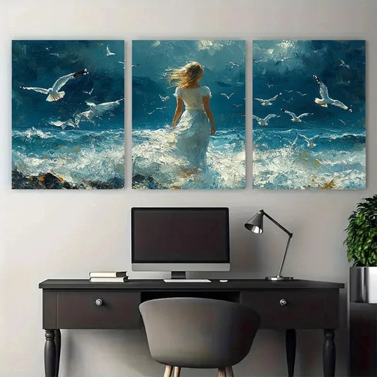 3pcs Abstract Seascape Young Woman Amidst Seagulls Metal Print Ready to Hang Art