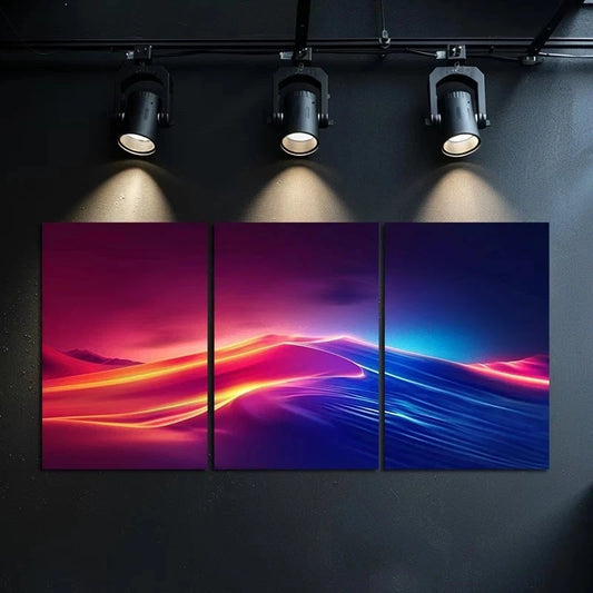 3pcs Vibrant Red, Blue, Orange Abstract Wave Metal Print Ready to Hang Art