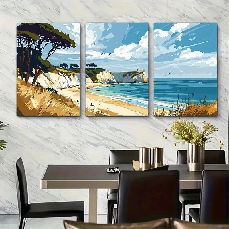 3pcs Studland Bay Coastal Beach Scene with Cliffs Metal Print Ready to Hang Art