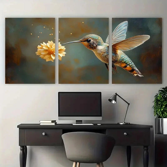 3pcs Hummingbird with Yellow Floral Scene Metal Print Ready to Hang Art