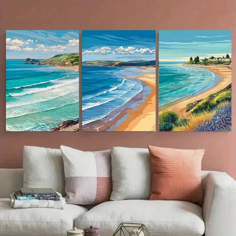 3pcs Woolacombe Travel Beach Illustration Wall Art Set Canvas Framed 60x90cm - High Quality Print 100% Australian Made Wall Canvas Ready to Hang