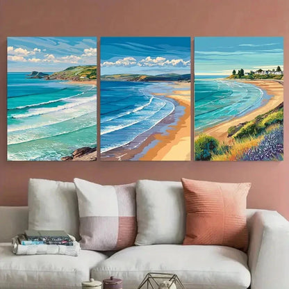 3pcs Woolacombe Travel Beach Illustration Wall Art Set Canvas Framed 60x90cm - High Quality Print 100% Australian Made Wall Canvas Ready to Hang