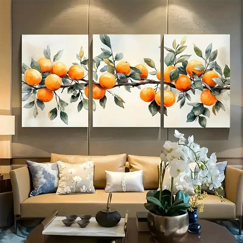 3pcs Minimalist Orange Branch with Leaves Metal Print Ready to Hang Art