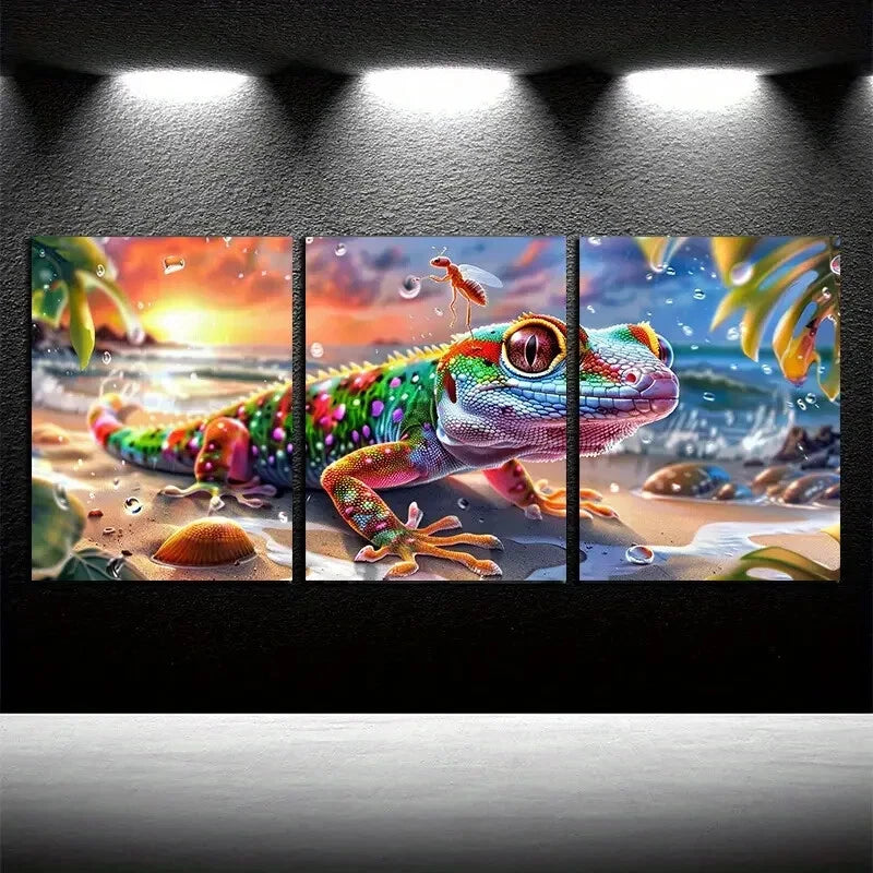 3pcs Vibrant Ocean Sunset Lizard Metal Print Ready to Hang Art