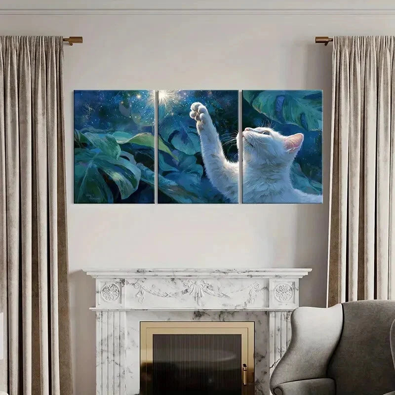 3pcs White Cat Reaching Stars Dreamy Night Metal Print Ready to Hang Art