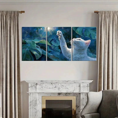 3pcs White Cat Reaching Stars Dreamy Night Metal Print Ready to Hang Art