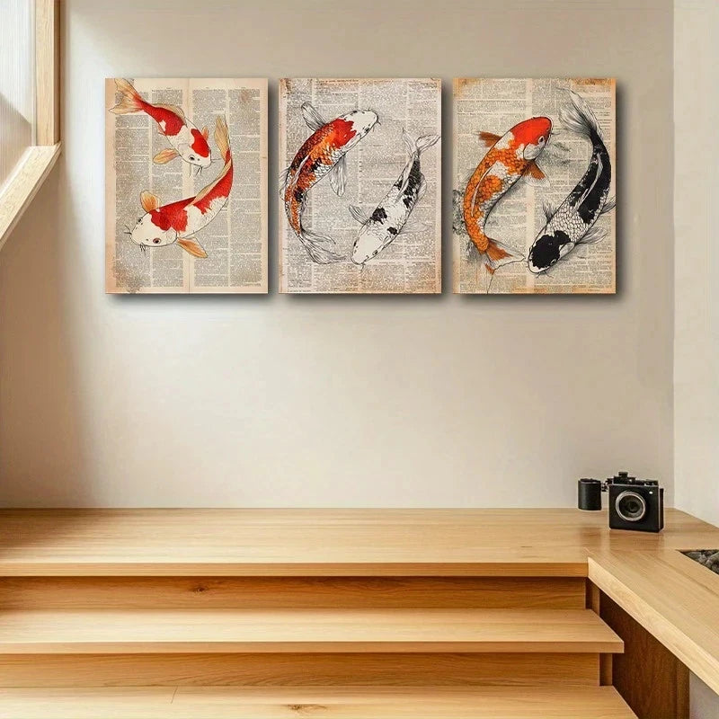 3pcs Koi Fish Swimming Golden Black Metal Print Ready to Hang Art