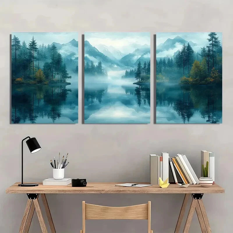 3pcs Serene Misty Mountain Lake Scene Metal Print Ready to Hang Art