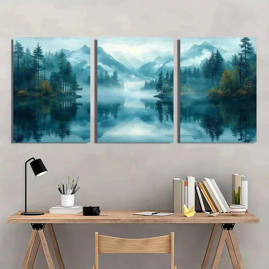 3pcs Serene Misty Mountain Lake Scene Metal Print Ready to Hang Art