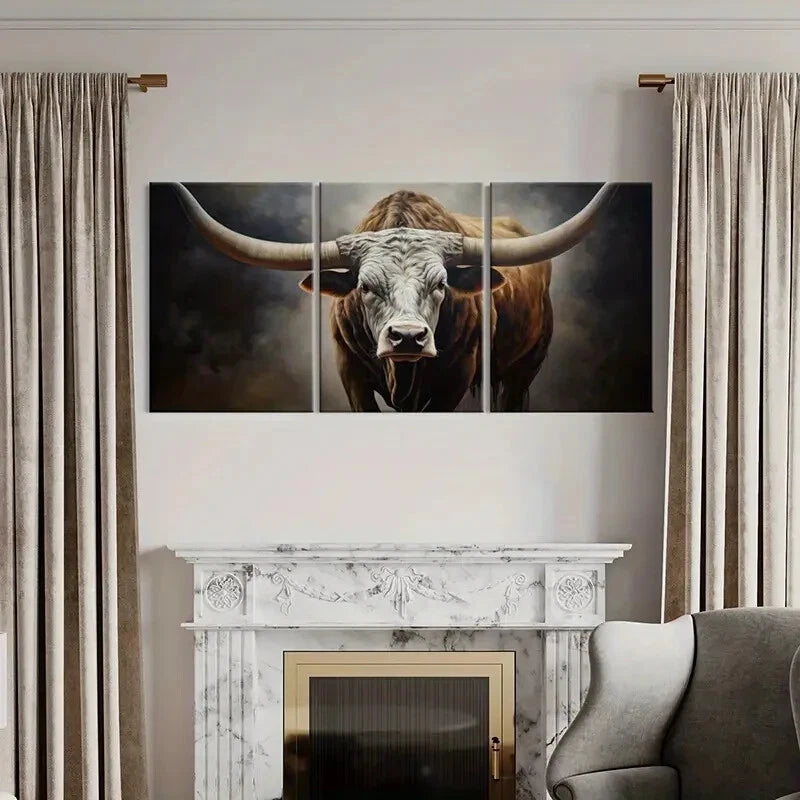 3pcs Rustic Longhorn Bull Farmhouse Style Metal Print Ready to Hang Art