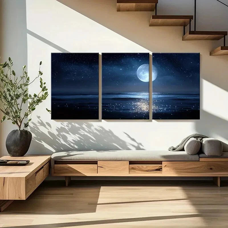3pcs Moonlit Ocean Night Sky Stars Reflections Metal Print Ready to Hang Art