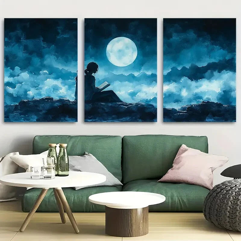 3pcs Woman Reading Book In Clouds Moonlight Metal Print Ready to Hang Art