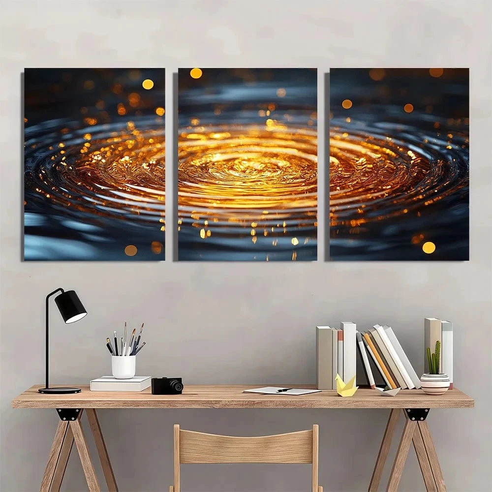 3pcs Abstract Golden Water Ripple Ring Metal Print Ready to Hang Art
