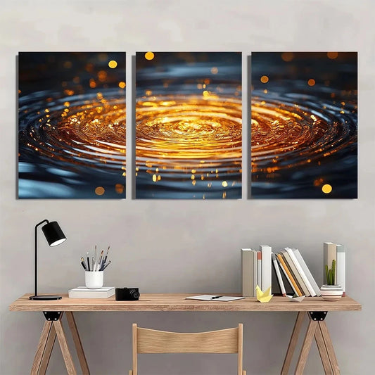 3pcs Abstract Golden Water Ripple Ring Metal Print Ready to Hang Art