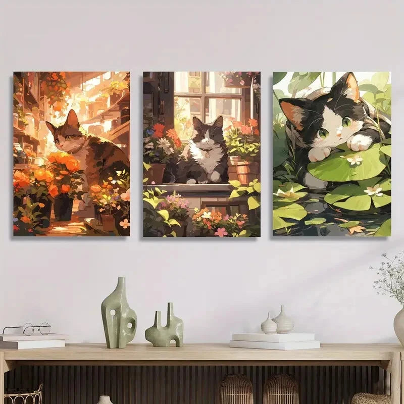 3pcs cartoon cats, small fresh illustrations Metal Print Ready to Hang Art