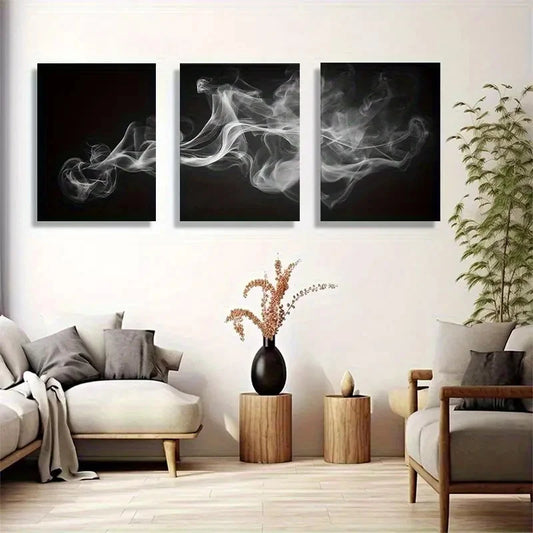 3pcs Monochrome Smoke Flow Mural Painting Metal Print Ready to Hang Art