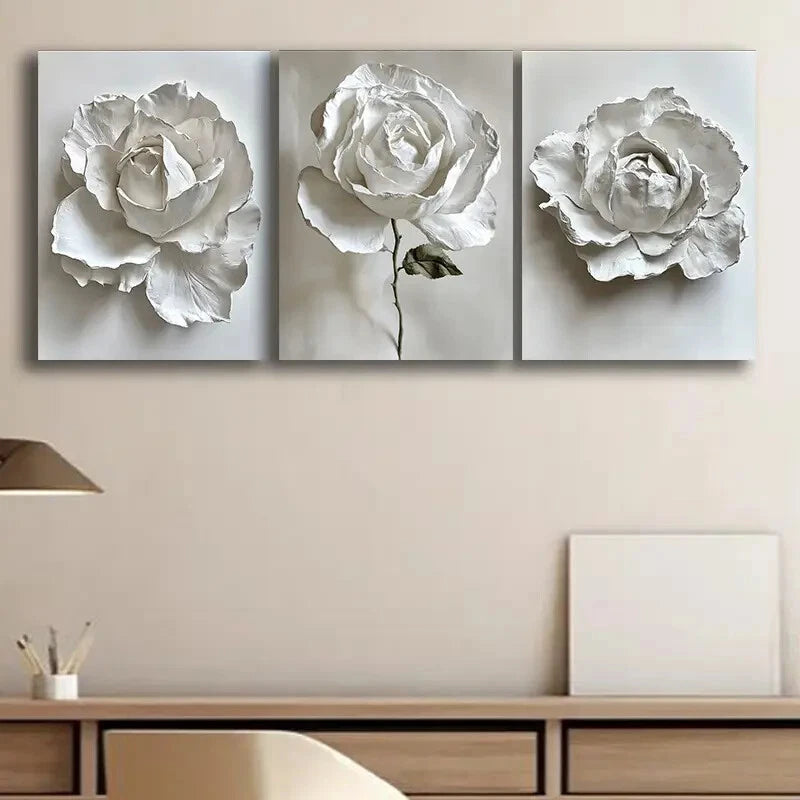 3pcs Elegant White Rose Floral Paintings Metal Print Ready to Hang Art