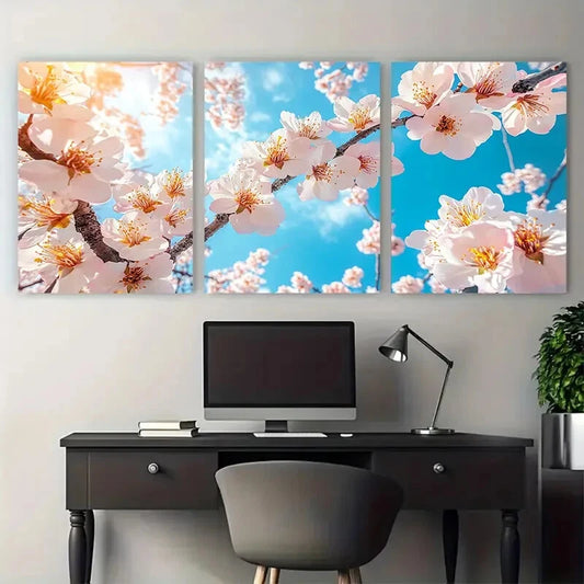 3pcs Blooming Blossom Tree Abstract Blue Sky Metal Print Ready to Hang Art
