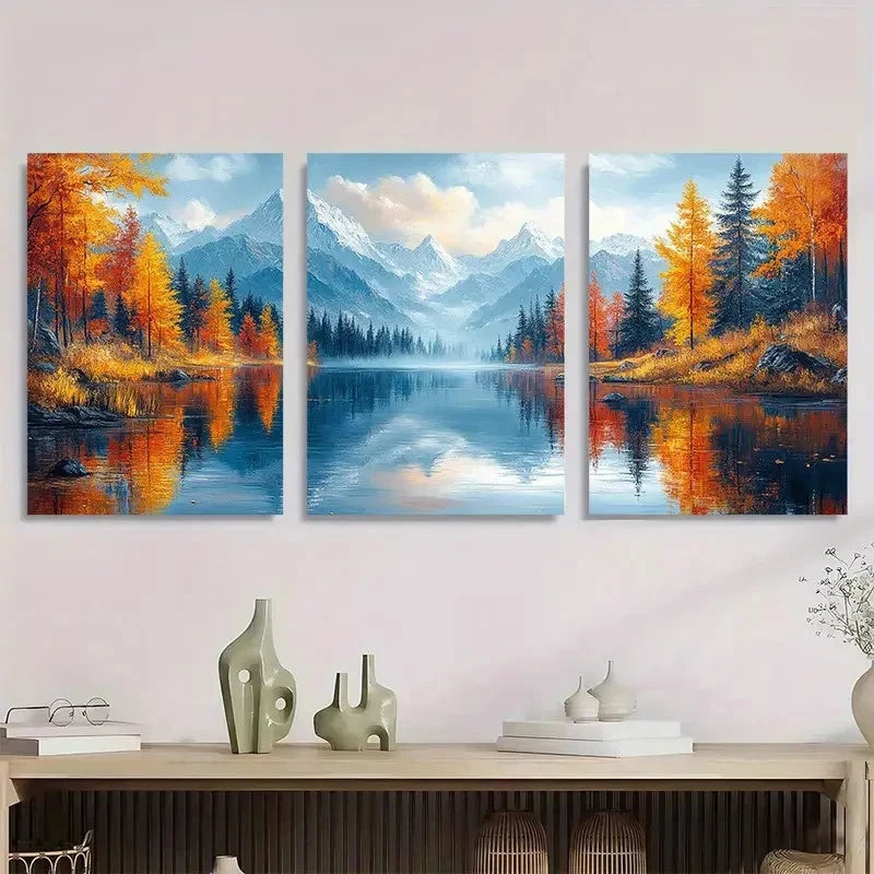 3pcs Autumn Scenery with Snow-Capped Peaks Metal Print Ready to Hang Art