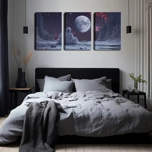 3pcs Moon And Planets Meditating Décor Perfect Wall Art Set Canvas Framed 40x60cm - High Quality Print 100% Australian Made Wall Canvas Ready to Hang