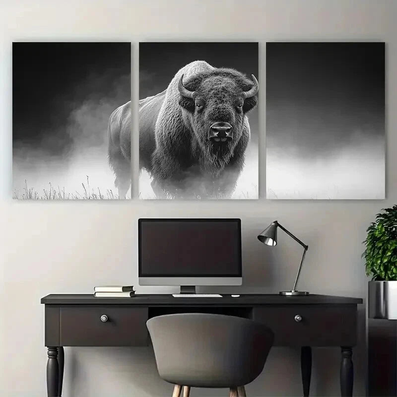 3pcs Bison in Mist Greyscale Photography Metal Print Ready to Hang Art