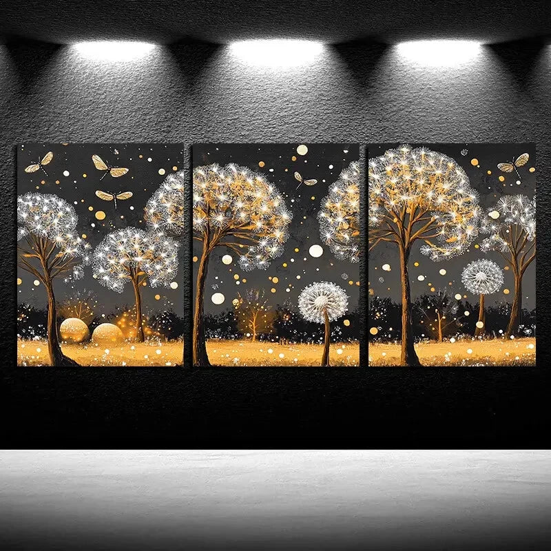 3pcs Modern Abstract Dandelion Floral Illustration Metal Print Ready to Hang Art