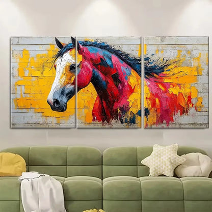 3pcs Vibrant Geometric Horse Abstract Metal Print Ready to Hang Art