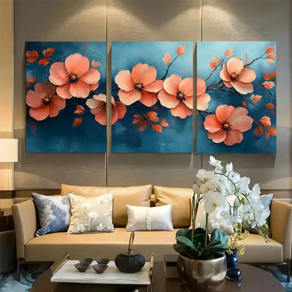 3pcs Boho Flowers in Blue Background Design Metal Print Ready to Hang Art