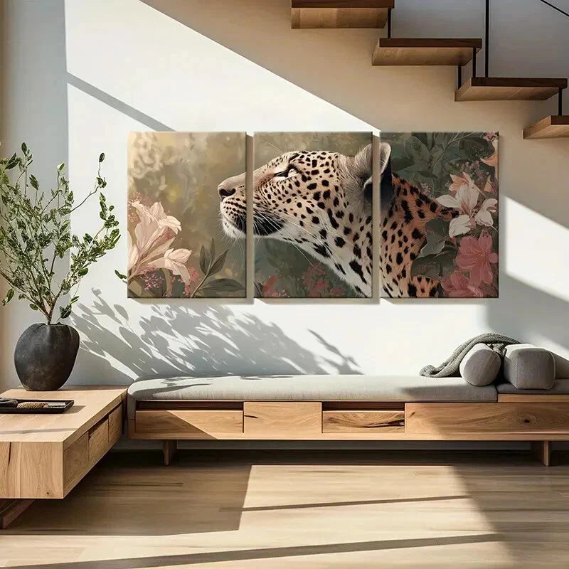 3pcs Leopard Artwork Floral Surroundings Metal Print Ready to Hang Art