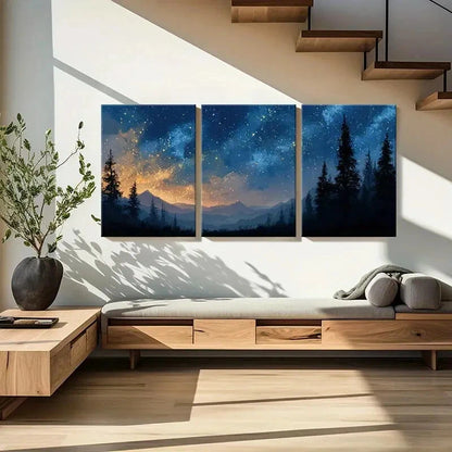3pcs Night Sky Stars Mountains Pine Trees Metal Print Ready to Hang Art