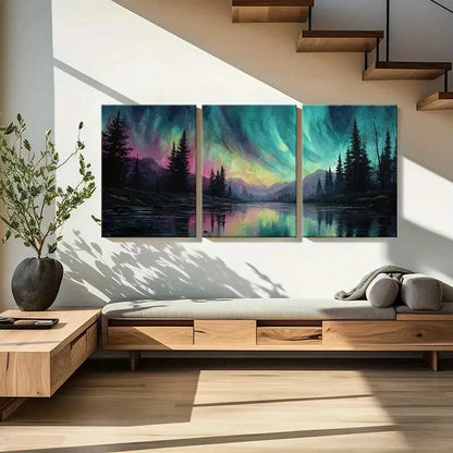 3pcs Vibrant Aurora Borealis Forest & Mountain Metal Print Ready to Hang Art