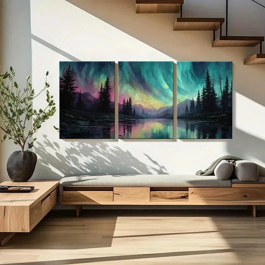 3pcs Vibrant Aurora Borealis Forest & Mountain Metal Print Ready to Hang Art