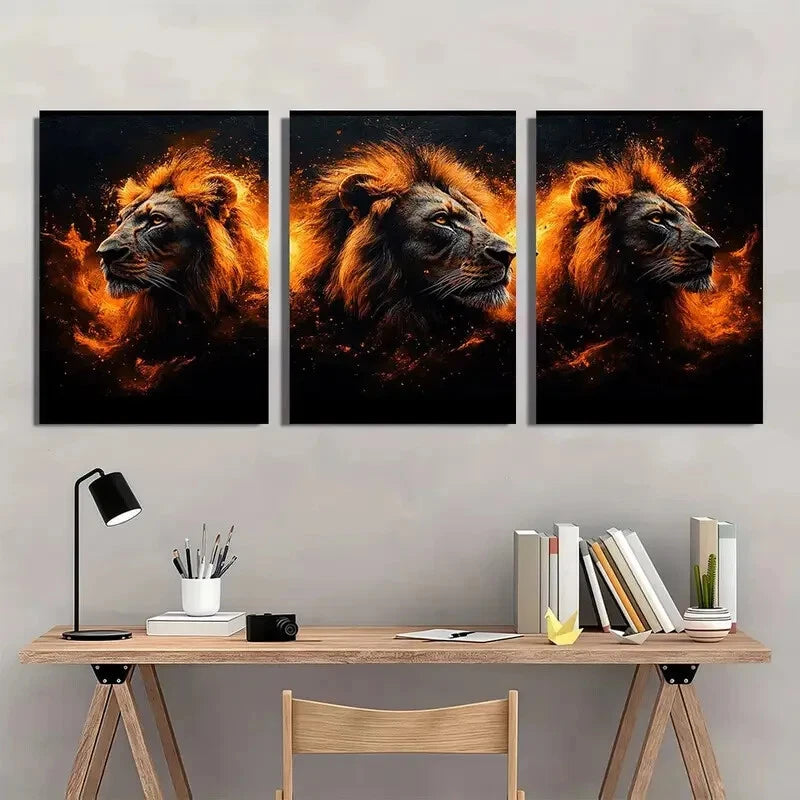 3pcs Abstract Animal Golden Lion Metal Print Ready to Hang Art