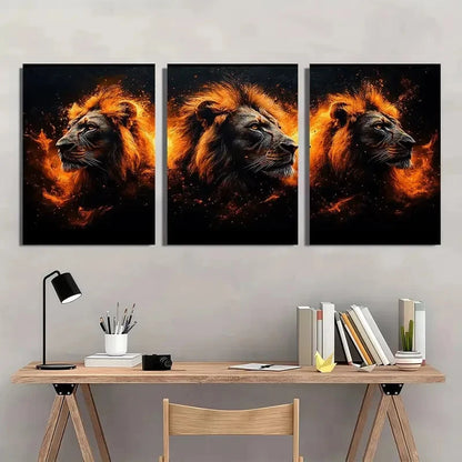 3pcs Abstract Animal Golden Lion Metal Print Ready to Hang Art