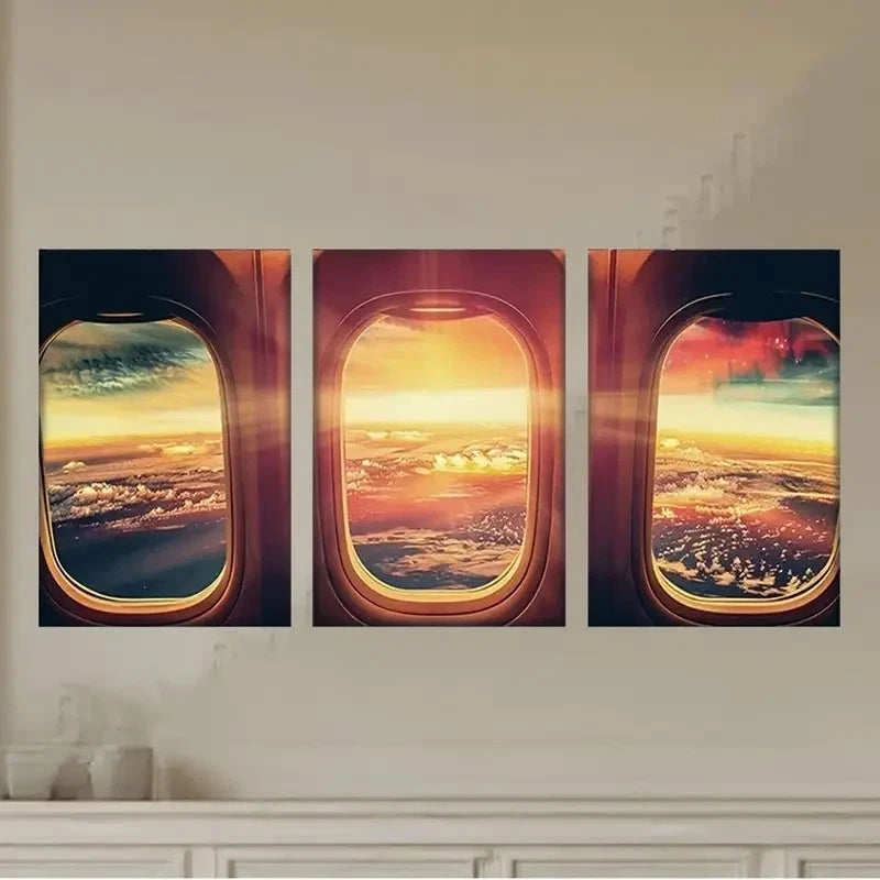 3pcs Aviation-Themed Triptych with Sunset Metal Print Ready to Hang Art