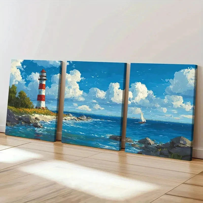 3pcs Australian Cape Moreton Lighthouse Wall Art Set Canvas Framed 60x90cm - High Quality Print 100% Australian Made Wall Canvas Ready to Hang