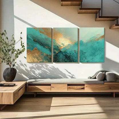 3pcs Modern Abstract Teal & Golden Fusion Metal Print Ready to Hang Art