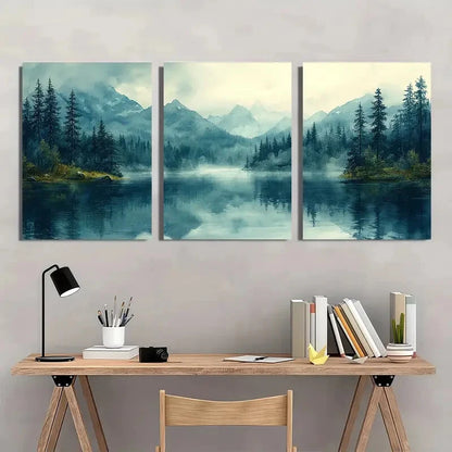 3pcs Mountain Lake Landscape Watercolor Painting Metal Print Ready to Hang Art