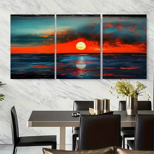 3pcs Bold Teal & Orange Seascape Metal Print Ready to Hang Art