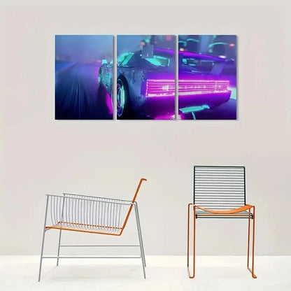 3pcs Urban Night Scene with Fluorescent Lighting Metal Print Ready to Hang Art