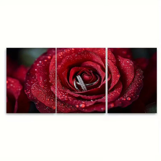 3pcs Elegant Red Rose with Wedding Rings Metal Print Ready to Hang Art
