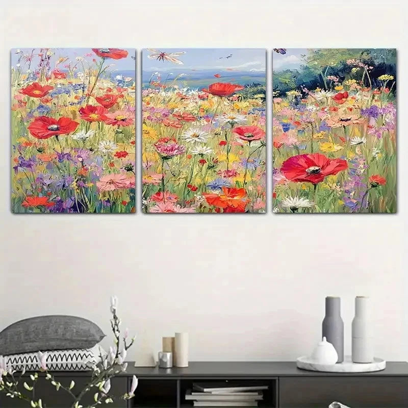 3pcs Vibrant Wildflower Field with Red Poppies Metal Print Ready to Hang Art