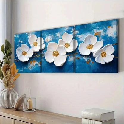 3pcs White Flowers on a Blue Background Wall Art Set Canvas Framed 40x60cm - High Quality Print 100% Australian Made Wall Canvas Ready to Hang