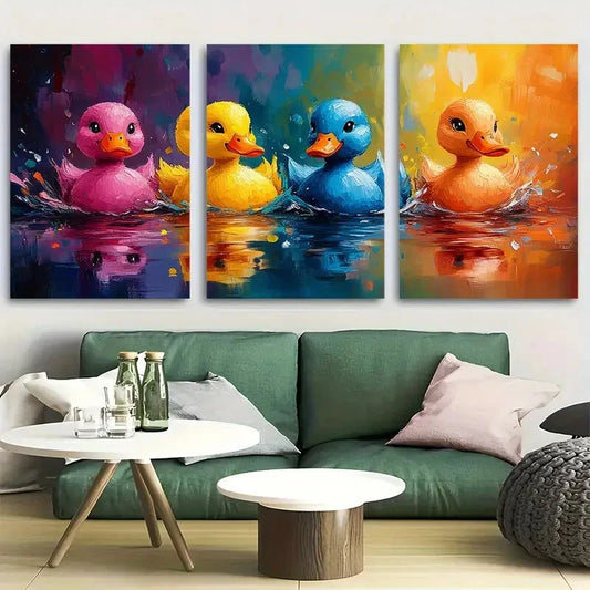 3pcs Colorful Watercolor Ducks in Blue Yellow Pink Metal Print Ready to Hang Art