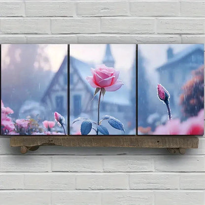 3pcs Rose In The Rain Nature Scenery Metal Print Ready to Hang Art